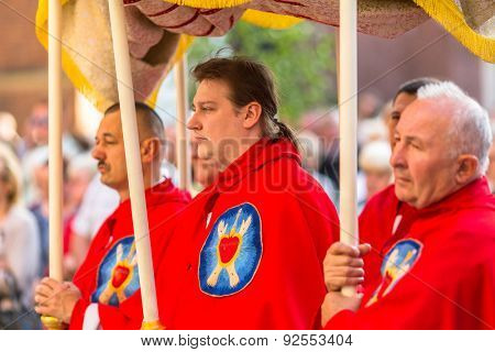 KRAKOW, POLAND - JUN 4, 2015: During the celebration the Feast of Corpus Christi (Body of Christ) also known as Corpus Domini, is a Latin Rite celebrating belief in the body and blood of Jesus Christ.
