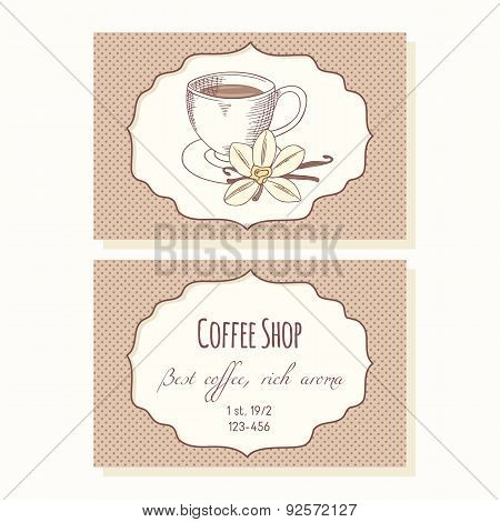 Sketched coffee cup with vanilla flower business cards template