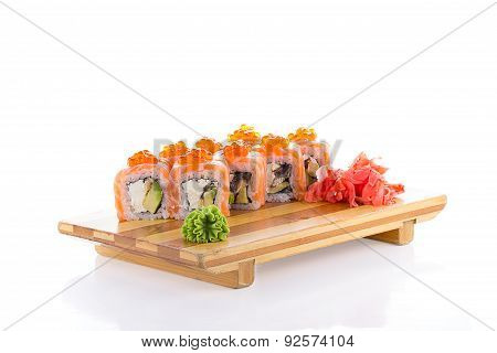 Salmon Sushi Rolls On A Gete Isolated On White Background