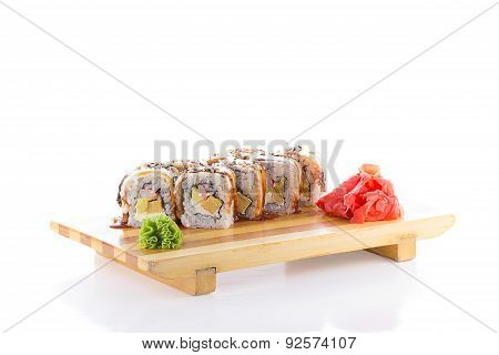 Eel Sushi Roll On A Gete Isolated On White Background