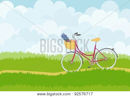Beautiful simple cartoon meadow with pink city bike