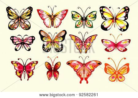 Watercolor butterflies set. Handdrawn. Isolated.  Warm colors.
