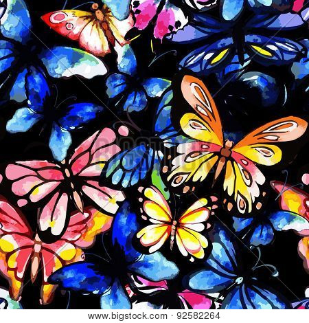 Flying watercolor butterfly seamless pattern. Vector background.