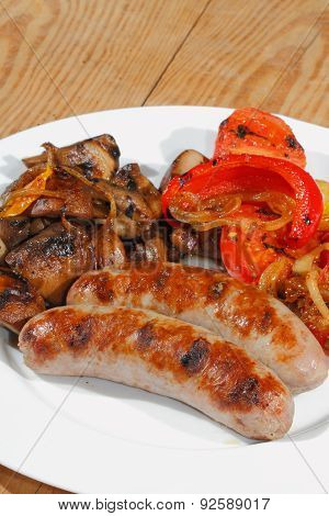 Grilled Sausages, Mushrooms, Tomatoes, Peppers