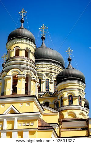 Partial view of large main christian Orthodox Church in the Hancu Monastery, Republic of Moldova