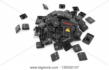 Stack of keyboard buttons isolated on white background with Danger  word and sign on one of them