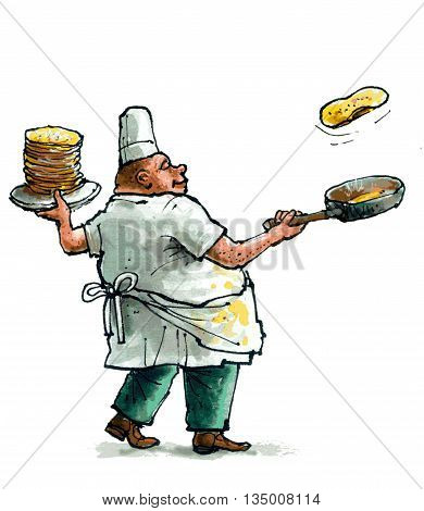 Illustration of a baker baking pancakes. The pancake is thrown upwards. A platter of pancakes in the other hand