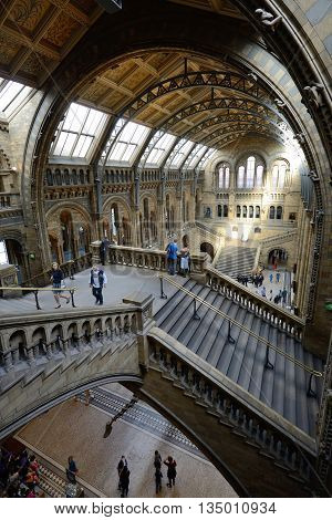 LONDON - OCTOBER 03: Interior view of Natural History Museum on October 03 2014 in London UK. It is one of three large museums on Exhibition Road in South Kensington
