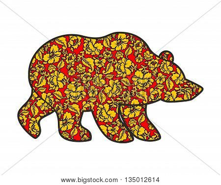 Russian Bear Hohloma Style. National Folk Painting Of Flowers. Wild Animal Of Forest Symbol Of Russi
