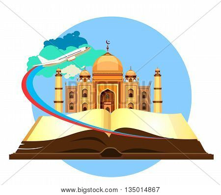 open book historical sites mosque on a white background airplane flying in the sky