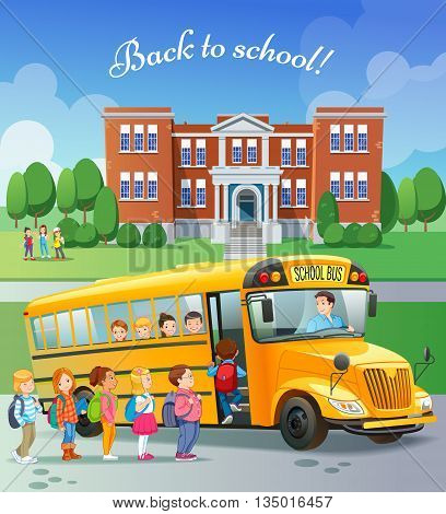 Children get on school bus.Transportation pupil or student transport and automobile. Vector illustration
