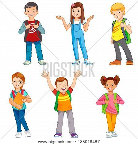 student and boys, girls cartoon characters set isolated
