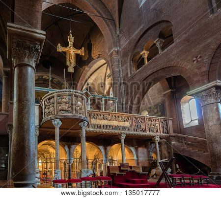 MODENA ITALY - APRIL 27 2016: Interior of the Modena Cathedral consecrated in 1184. The cathedral is an important Romanesque building in Europe and a UNESCO World Heritage Site since 1997.