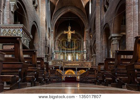 MODENA ITALY - APRIL 27 2016: Interior of the Modena Cathedral consecrated in 1184. The cathedral is an important Romanesque building in Europe and a UNESCO World Heritage Site since 1997.