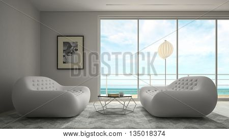 Interior modern design room with sea view 3D rendering