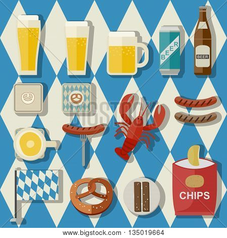 Oktoberfest vector icons with beer, sausage, brezel etc... in flat style on Bavarian flag background.