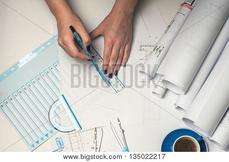 Workplace Of Architect - Architect Rolls And Plans. Architectural Plan,technical Project Drawing. En