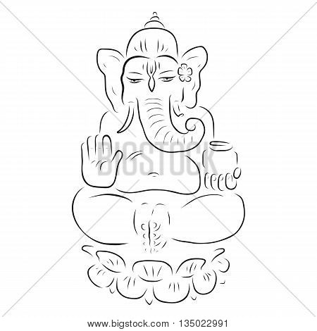 Hindu God Ganesha. Ganapati. Vector hand drawn illustration. Meditation in lotus pose