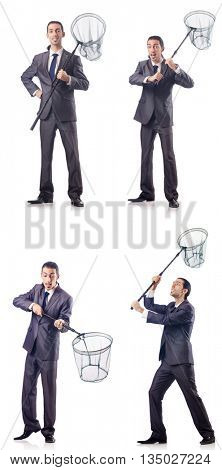 Colage of businessman with catching net on white