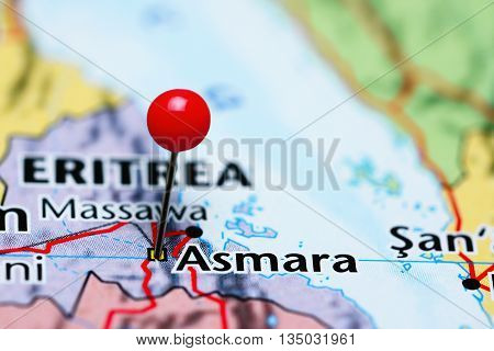 Asmara pinned on a map of Eritrea