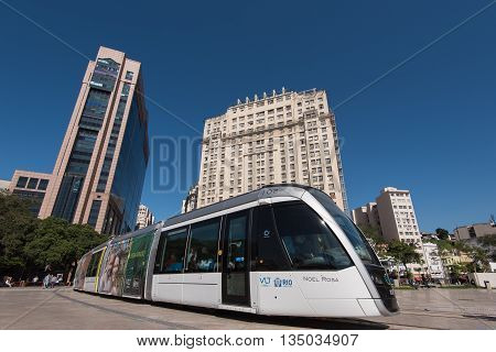 Rio de Janeiro, Brazil - June 13, 2016: New city tram VLT passing Maua Square. Recently inaugurated, it is the newest mode of public transportation, and is free of charge for the first weeks of use.