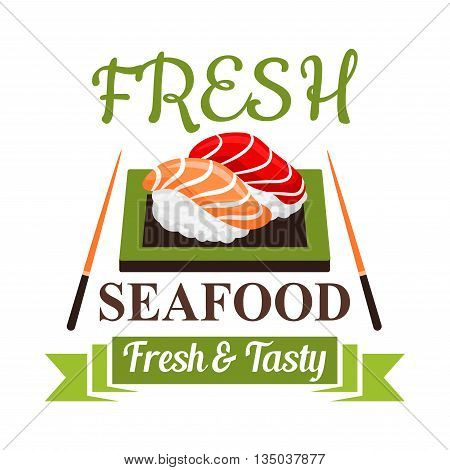 Japanese nigiri sushi icon with hand pressed rice seasoned by wasabi and topped with salted salmon and tuna, served on a sushi plate with chopsticks. Great for oriental cuisine theme or seafood menu design
