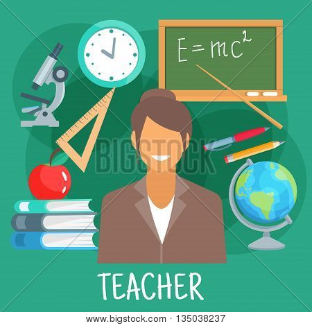 Teacher in school classroom flat icon with earth globe, microscope and blackboard with formula of energy, pile of books with apple on the top, wall clock, triangle ruler, pen and pencil. Education theme or schoolteacher profession design usage