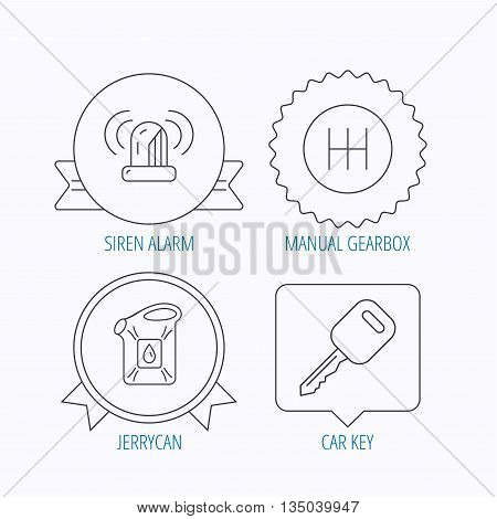 Manual gearbox, jerrycan and car key icons. Siren alarm, fuel jerrycan linear signs. Award medal, star label and speech bubble designs. Vector