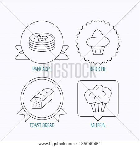 Pancakes, brioche muffin and toast bread icons. Cupcake linear sign. Award medal, star label and speech bubble designs. Vector