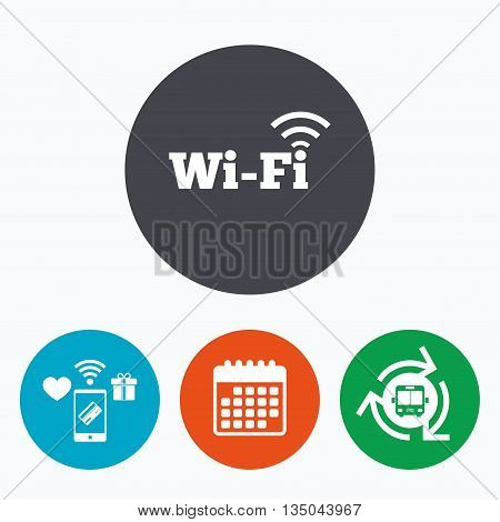 Free wifi sign. Wifi symbol. Wireless Network icon. Wifi zone. Mobile payments, calendar and wifi icons. Bus shuttle.