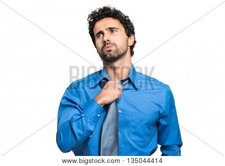 Sweating businessman due to hot climate isolated on white