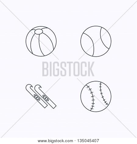 Swimming ball, tennis and baseball icons. Skis linear sign. Flat linear icons on white background. Vector