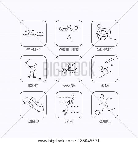 Swimming, football and skiing icons. Ice hockey, diving and gymnastics linear signs. Kayaking, weightlifting and bobsleigh icons. Flat linear icons in squares on white background. Vector