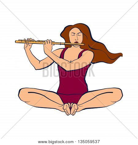 Illustration of a serene woman sitting in easy pleasant Bound Angle pose and playing flute. Asana for meditation. Baddha Konasana. Vector illustration