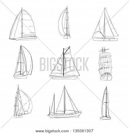 Set of 9 boats with sails made in the vector isolated on white background. Sport yacht, sailboat. Contour drawing