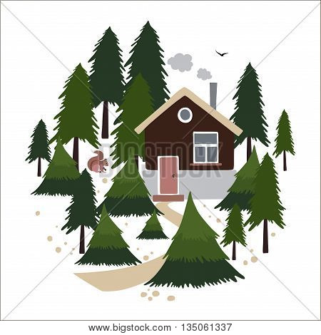 Wooden house with a chimney in the coniferous forest. Small house of the forester or hunter. To the house leads a path. In the forest lives squirrel. Objects are arranged in a circle. Vector illustration in cartoon style.