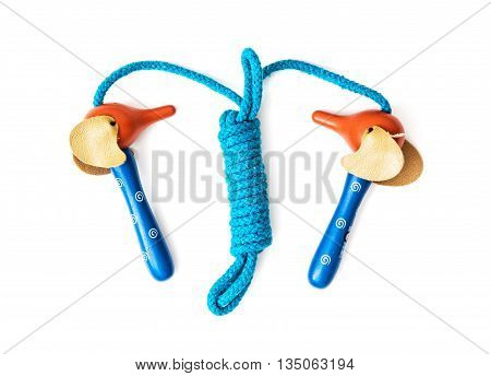 New skipping rope on the white background. Leisure activity. Healthy lifestyle. Jumprope scene.