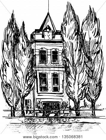 three-story mansion with a clock on the tower, surrounded by cypress trees, urban sketch, house in the park, hand drawn vector illustration by ink pen