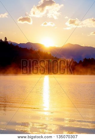 Beautiful Landscape With Mountains And Lake At Dawn In Golden, B