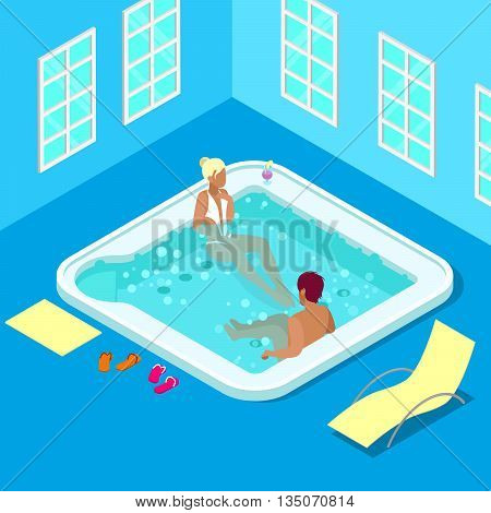 Indoors Jacuzzi with Woman and Man. Isometric People. Vector illustration