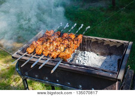 Juicy slices of meat with sauce prepare on fire.