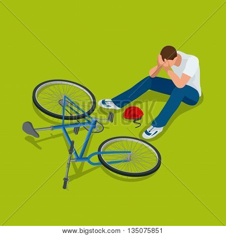 Bicycle accident. Man falls off his bicycle. Flat 3d vector isometric illustration