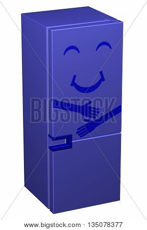 Blue smiling refrigerator isolated on white background. 3D rendering.
