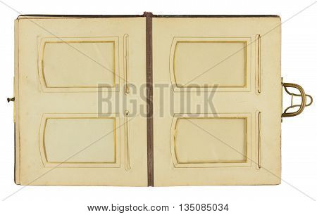 Double page of vintage photo album (circa 1900) with clasp and four frames for inserting photos isolated on white background contains working paths for all elements including photo frames