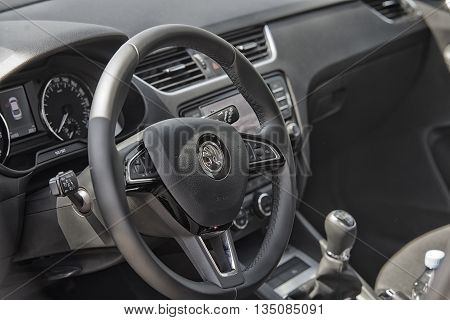 Wroclaw, Poland, May 28, 2016: Close Up On Skoda Octavia Sterring Wheel On Motoshow On May 28, 2016
