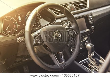 Wroclaw, Poland, May 28, 2016: Close Up On Skoda Superb Sterring Wheel On Motoshow On May 28, 2016 I