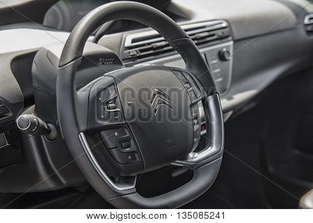 Wroclaw, Poland, May 28, 2016: Close Up On Citroen C4 Picasso Sterring Wheel On Motoshow On May 28,