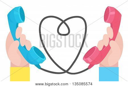 Vector illustration of two hands with old handsets and wire-hearted. Love at a distance. Vector illustration for your creativity