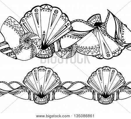 Seamless border with seashells decorated boho pattern. Vector element for your creativity