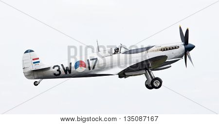 Leeuwarden, The Netherlands - June 10, 2016: A Vintage Spitfire Fighter Plane Makes A Low Flypast Fo